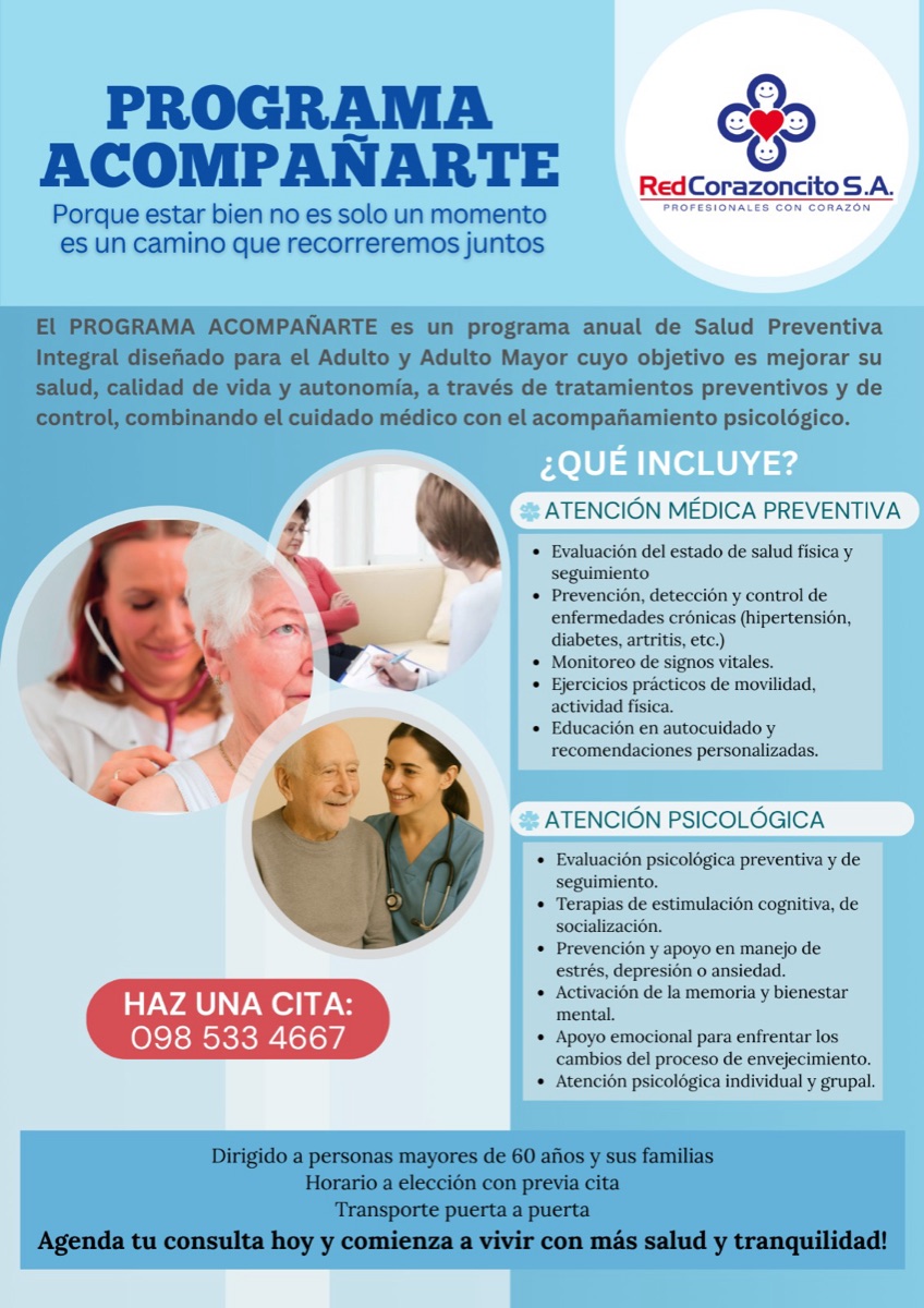 Afiche del Programa ACOMPAÑARTE de RedCorazoncito S.A. para el adulto mayor: atención médica y psicológica, dirigido a personas mayores de 60 años.